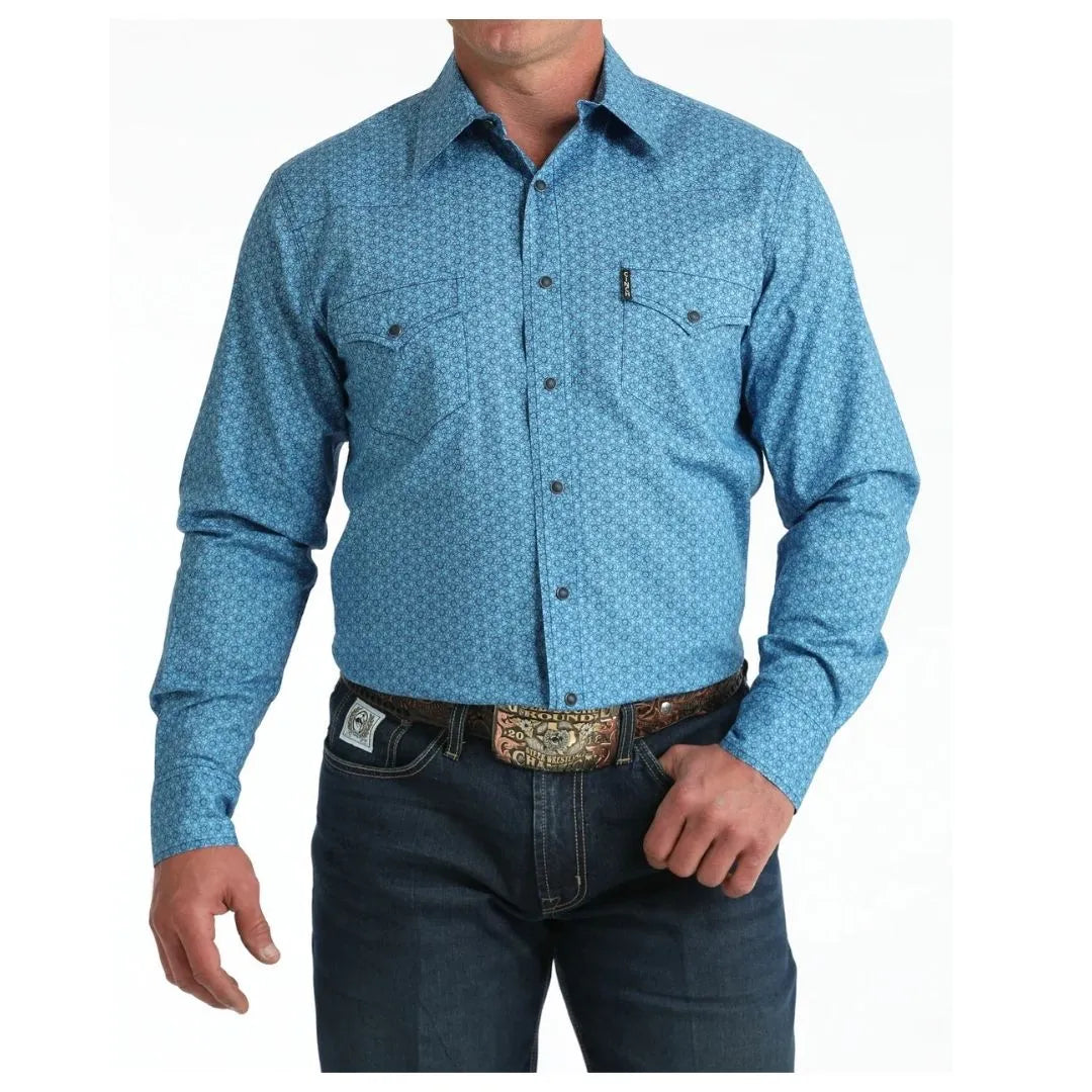 Cinch Men's Blue Modern Fit Geometric Print Long Sleeve Snap Shirt