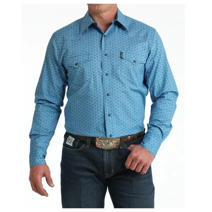 Cinch Men's Blue Modern Fit Geometric Print Long Sleeve Snap Shirt