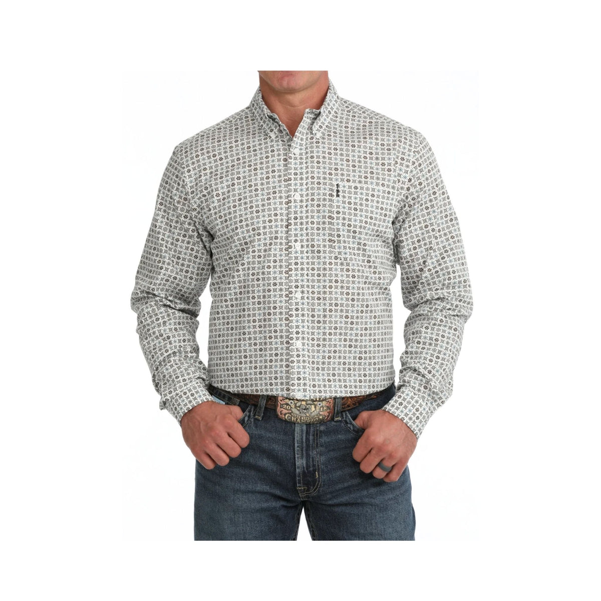 Cinch Men's Cream Print Modern Fit Long Sleeve