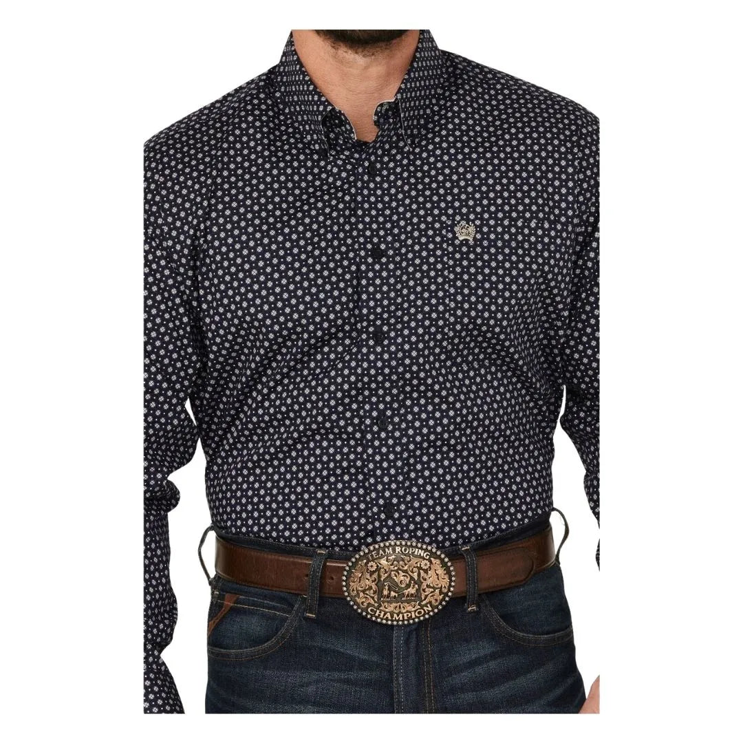Cinch Men's Long Sleeve Print Button Up- Navy
