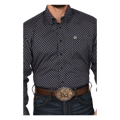 Cinch Men's Long Sleeve Print Button Up- Navy
