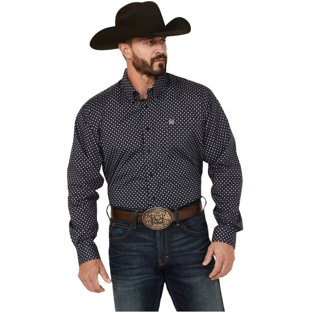 Cinch Men's Long Sleeve Print Button Up- Navy
