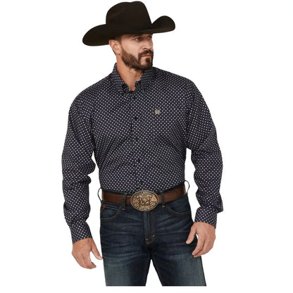 Cinch Men's Long Sleeve Print Button Up- Navy