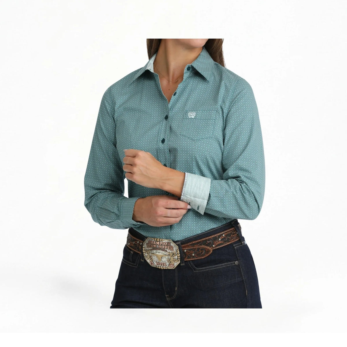 Cinch Women's Teal Geometric Print Long Sleeve Button-Down Shirt