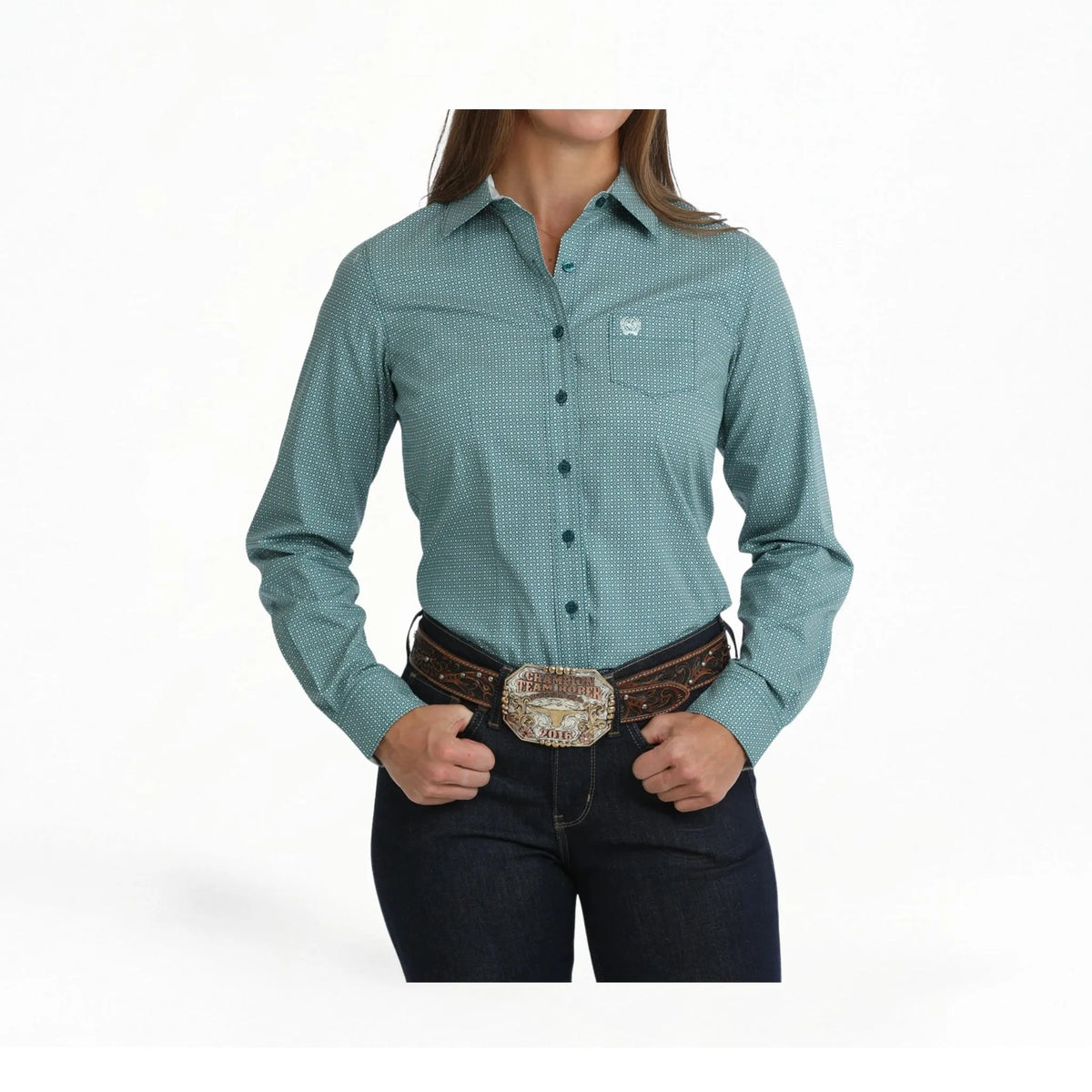 Cinch Women's Teal Geometric Print Long Sleeve Button-Down Shirt