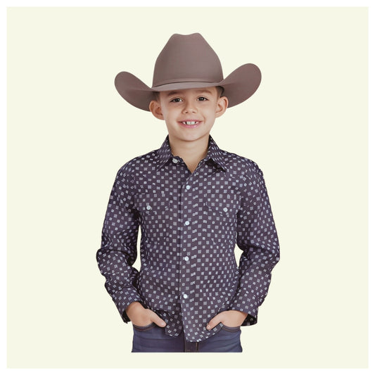 Roper Boy's Long Sleeve Button Up Navy And White Squares