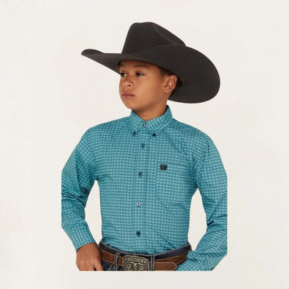 Cinch Boy's Geometric Print Button-Down Western Shirt - Turquoise
