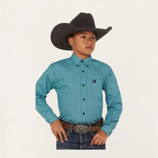 Cinch Boy's Geometric Print Button-Down Western Shirt - Turquoise
