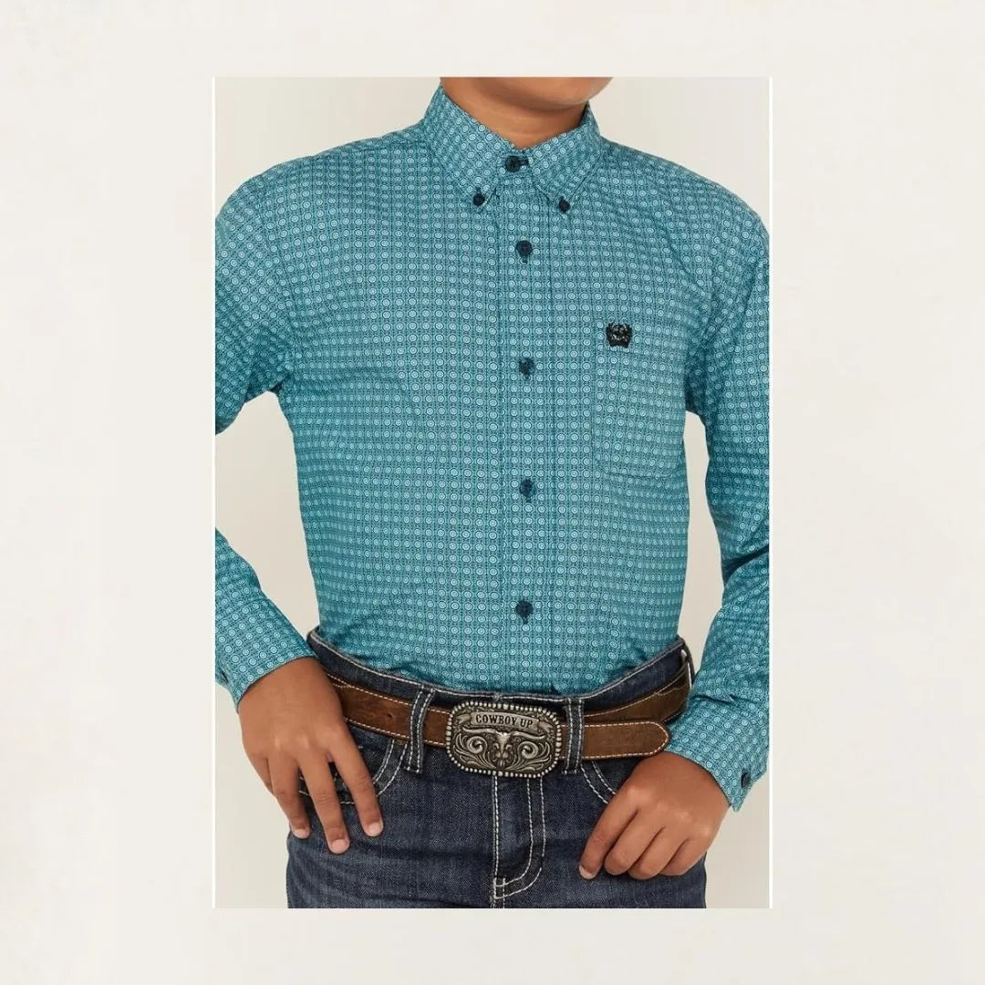 Cinch Boy's Geometric Print Button-Down Western Shirt - Turquoise