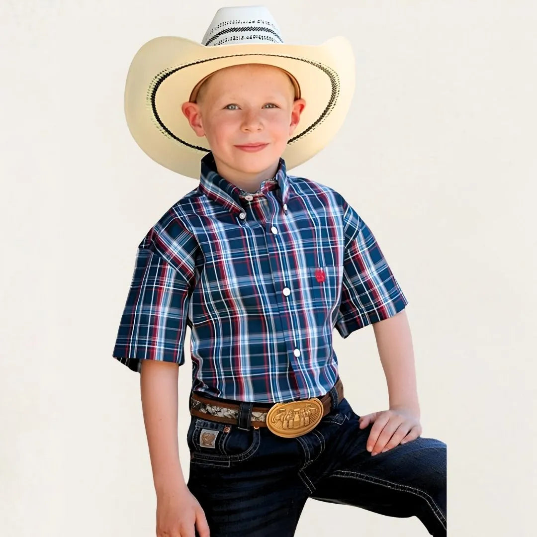 Cinch Boy’s Shirt Short Sleeve Button Down Navy Blue Plaid