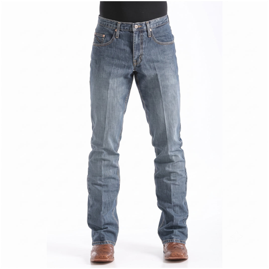 Cinch Dooley relaxed fit bootcut jeans, medium wash denim front view on model.