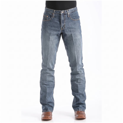 Cinch Dooley relaxed fit bootcut jeans, medium wash denim front view on model.