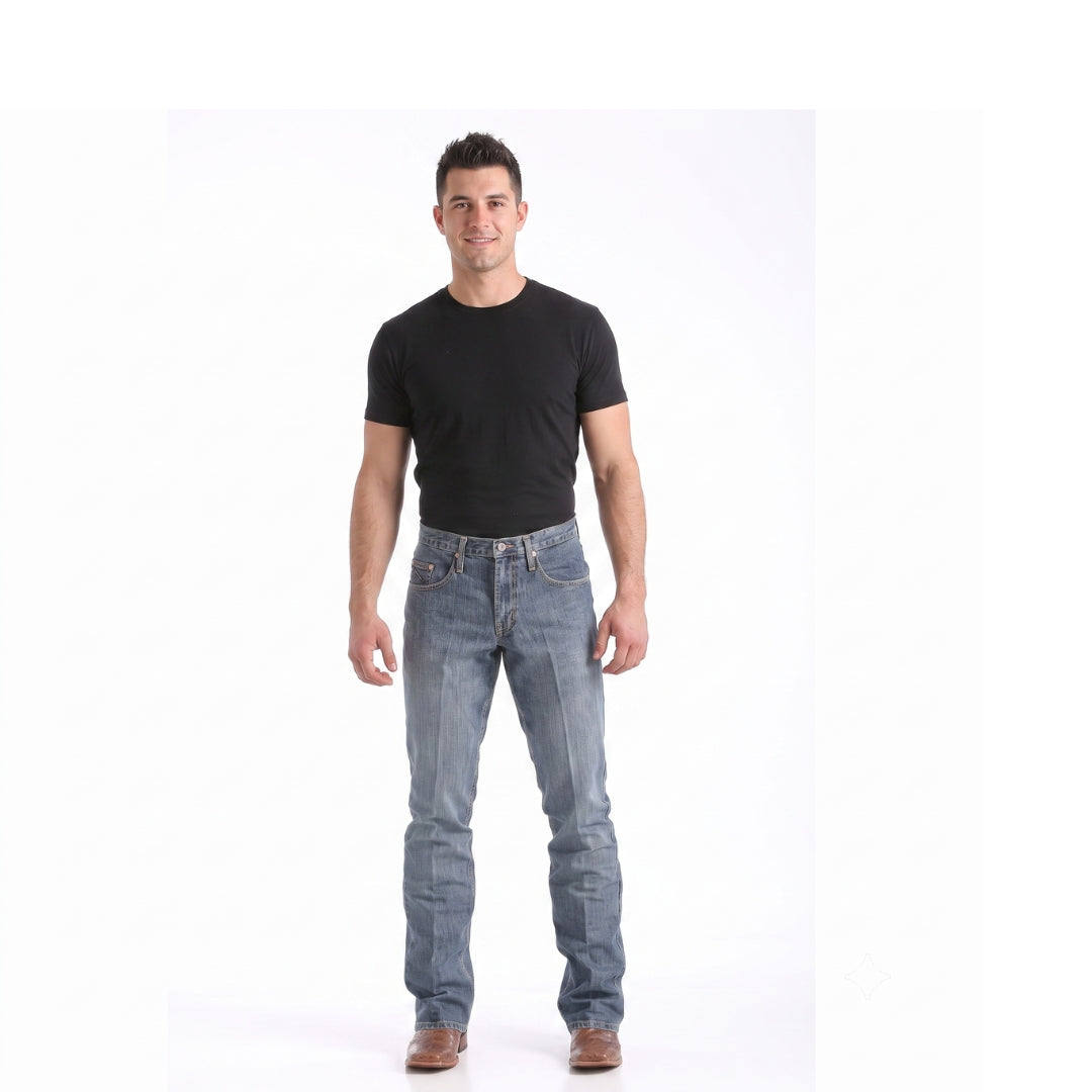 Cinch Dooley relaxed fit bootcut jeans in medium wash denim, full-length model view.