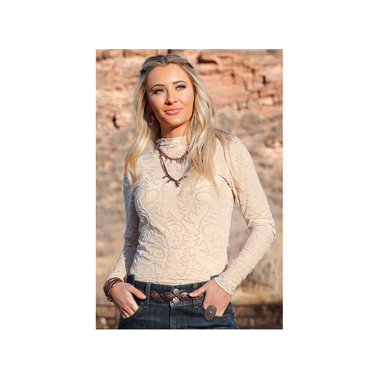 Cruel Denim Women’s Cream Burnout Velvet Long Sleeve Top weis-western-wear