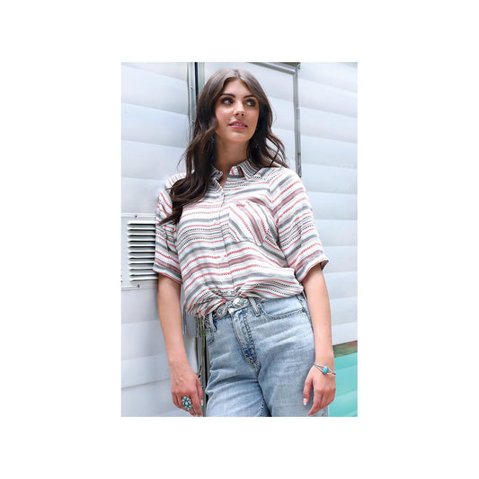 Cruel Denim Women's Stripe Short Sleeve Button Up Shirt