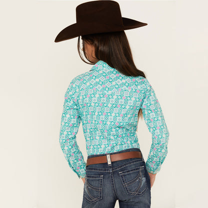 Cruel Girl's Turquoise Print Button Up Long Sleeve Western Shirt CTW3380004