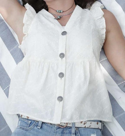 Cruel Women's White Sleeveless Blouse With Concho Buttons