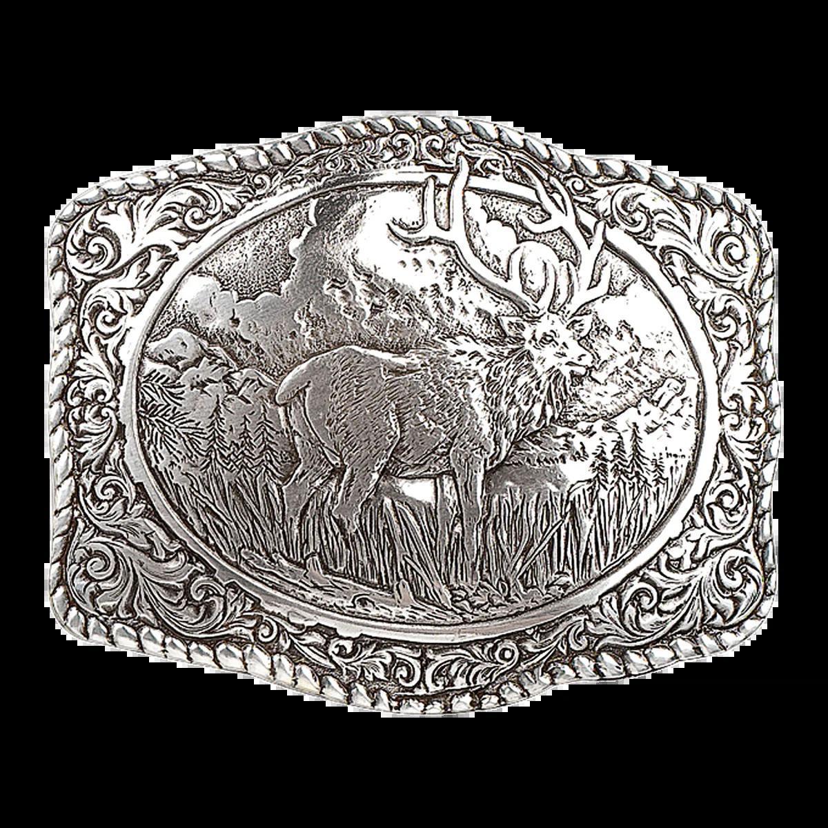 Crumrine Elk And Scrolling Detail Silver Tone Belt Buckle