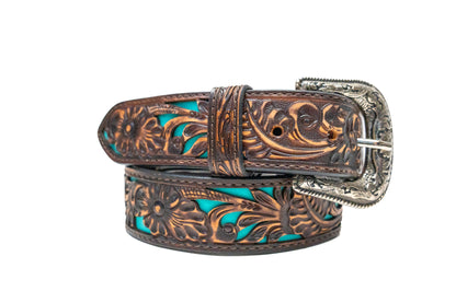 Challenger Tooled With Teal Underlay Leather Belt