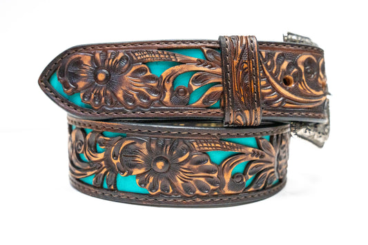 Challenger Tooled With Teal Underlay Leather Belt
