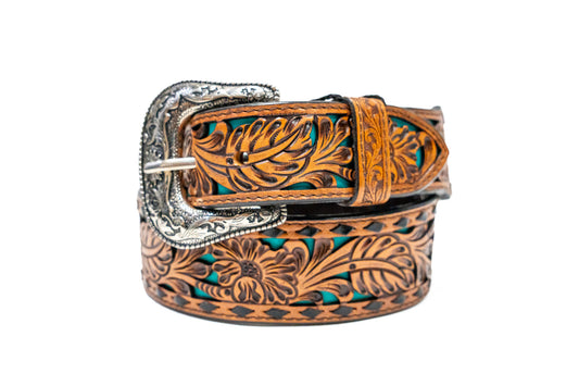 Challenger Dark Brown Tooled With Teal Underlay Leather Belt