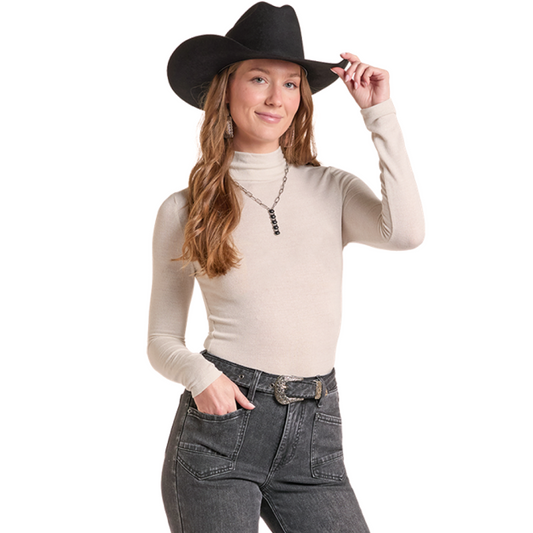 Rock & Roll Denim Women's White Lurex Turtleneck Long Sleeve Shirt