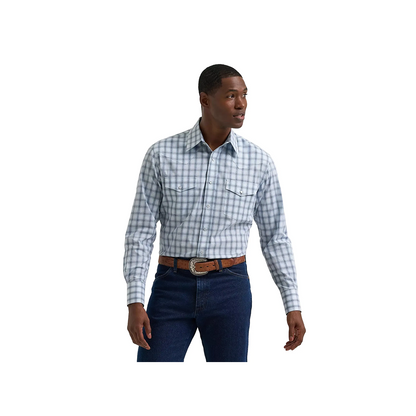 Wrangler Men's Wrinkle Resistant Blue Plaid Long Sleeve Western Shirt