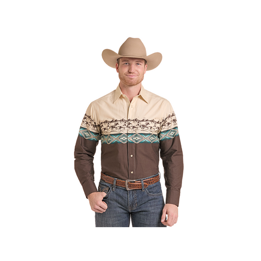 Panhandle Slim Men's Border Print 2 Pocket Snap Western Long Sleeve Shirt