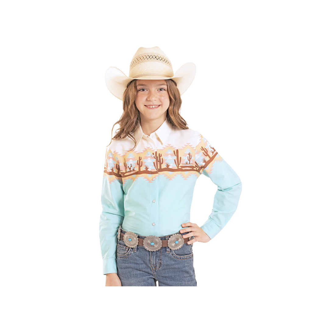 Panhandle Slim Girl's Aquamarine Border Print Long Sleeve Western Snap Shirt weis-western-wear