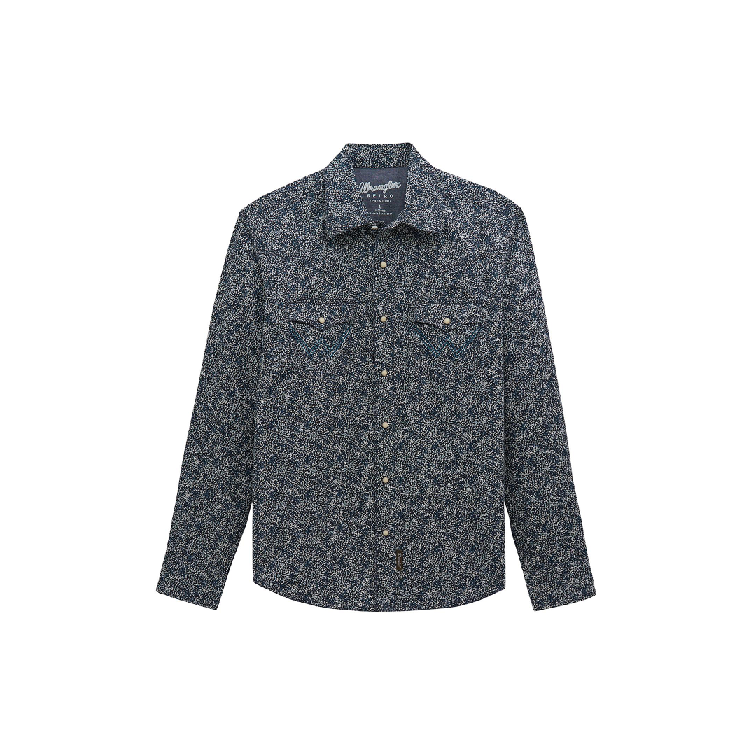 Wrangler Men's Retro Premium Long Sleeve Navy Print Snap Shirt