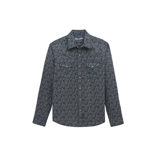 Wrangler Men's Retro Premium Long Sleeve Navy Print Snap Shirt