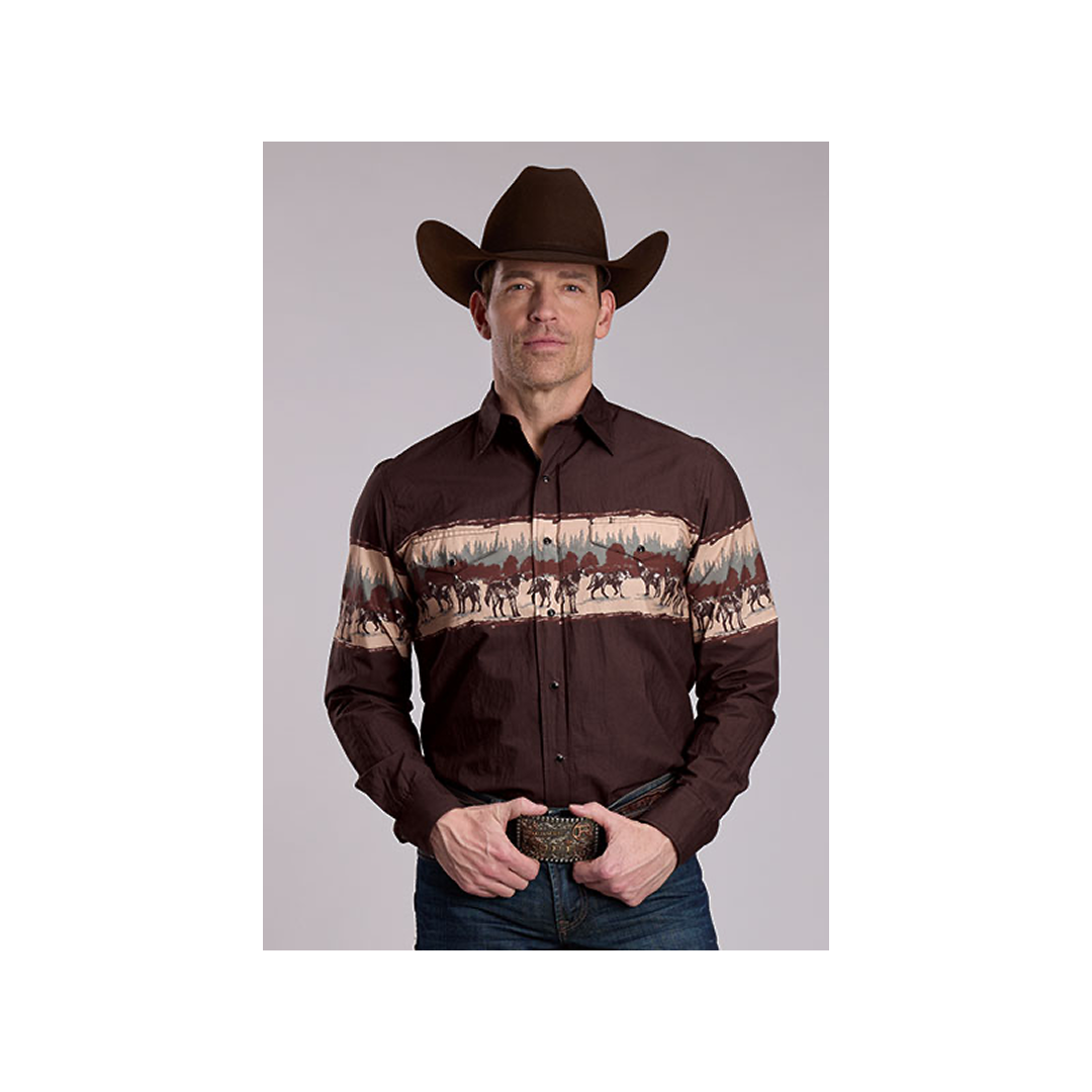 Roper Men's Vintage Scene Border Print Snap Long Sleeve Western Shirt