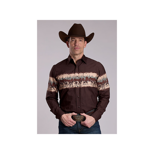 Roper Men's Vintage Scene Border Print Snap Long Sleeve Western Shirt