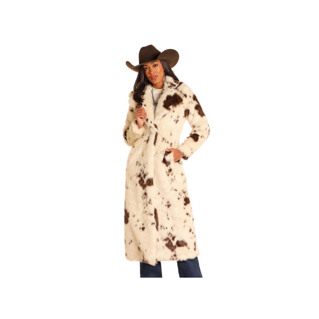 Powder River Women's Cow Print Long Fur Coat