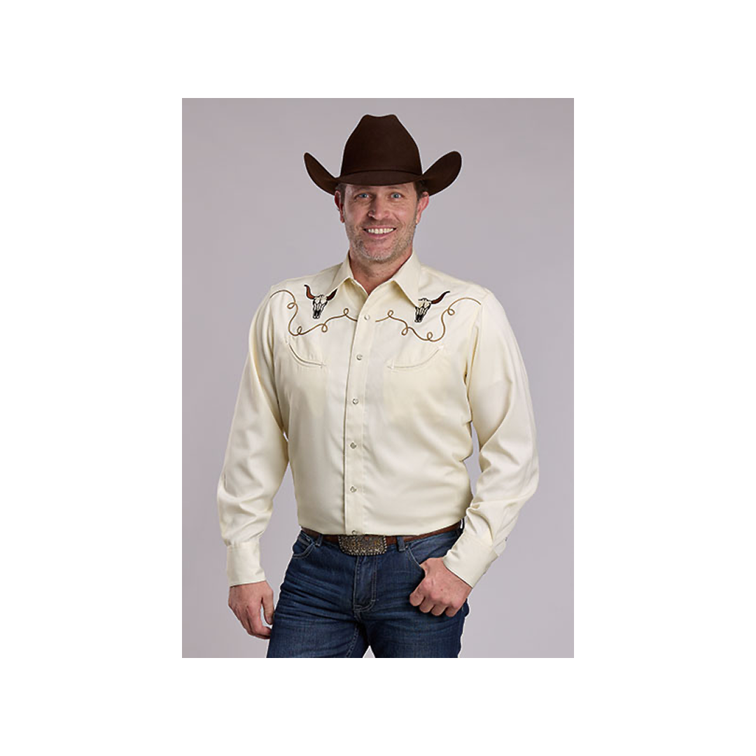 Roper Men's Twill Steer Skull Embroidered Snap Long Sleeve Western Shirt