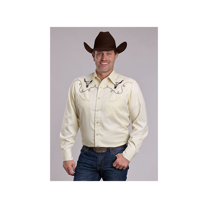 Roper Men's Twill Steer Skull Embroidered Snap Long Sleeve Western Shirt