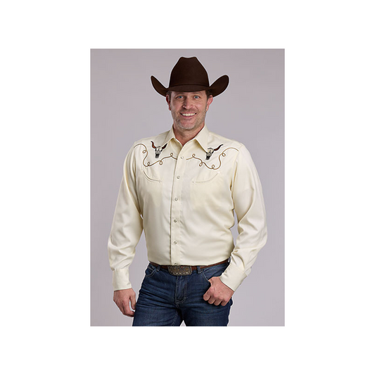 Roper Men's Twill Steer Skull Embroidered Snap Long Sleeve Western Shirt