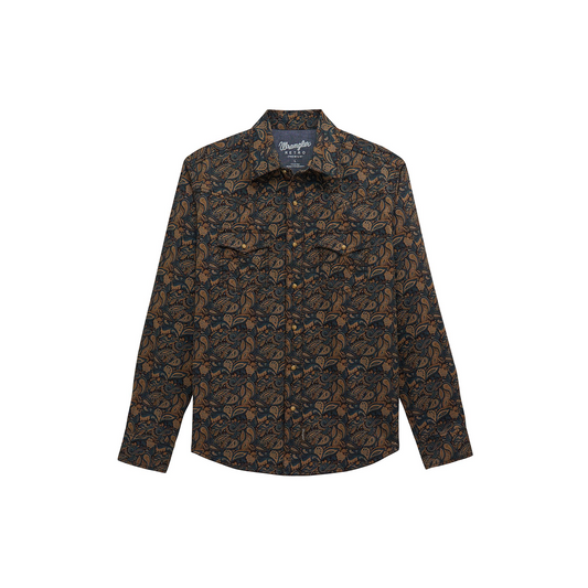 Wrangler Men's Retro Premium Long Sleeve Brown Print Snap Shirt