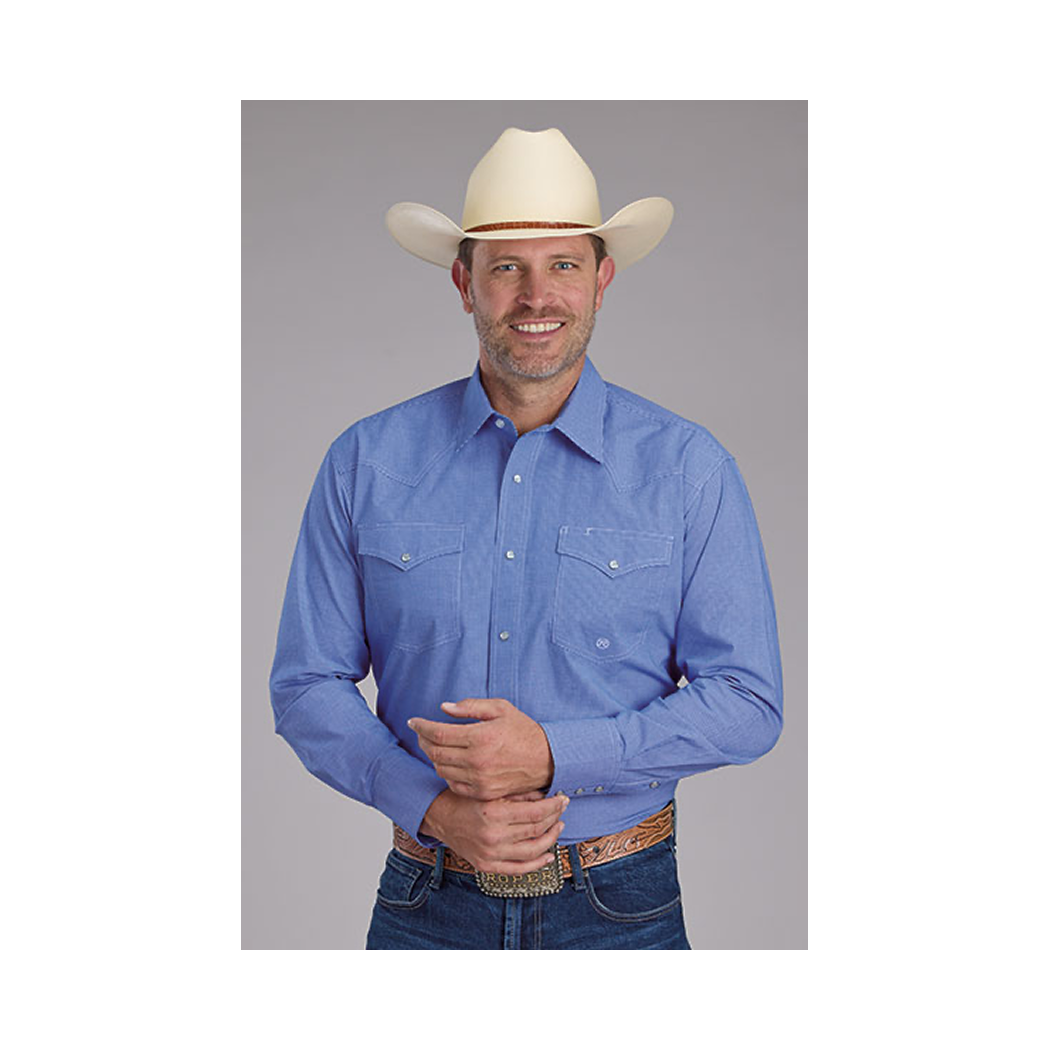Roper Men's Long Sleeve Snap Mini-check Shirt Blue weis-western-wear