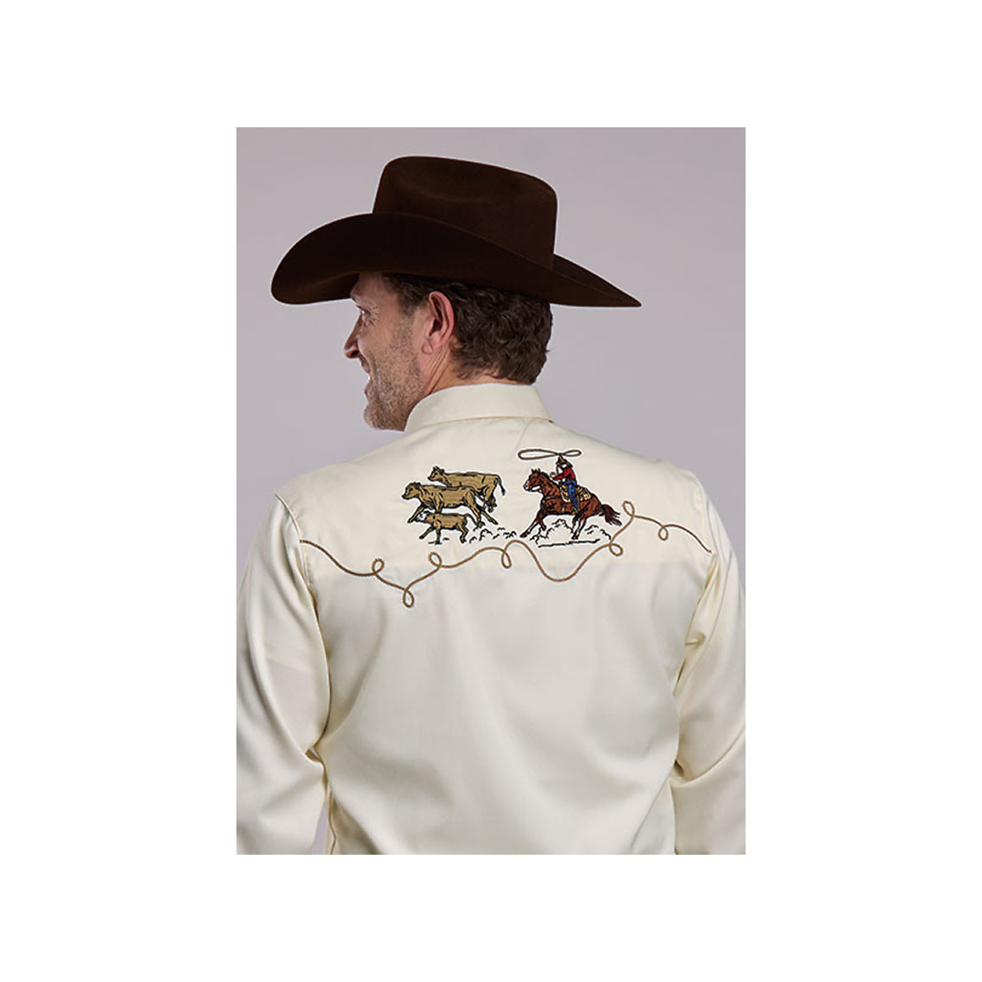 Roper Men's Twill Steer Skull Embroidered Snap Long Sleeve Western Shirt