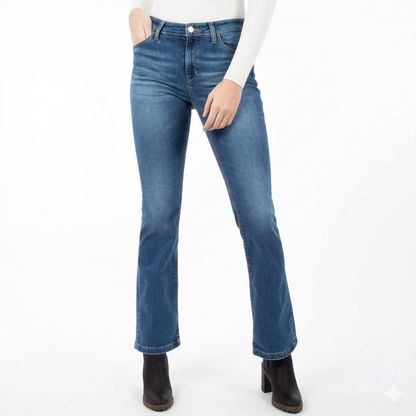 Guess Sexy Boot mid-rise bootcut women’s jean in a dark wash denim, full-length front view.