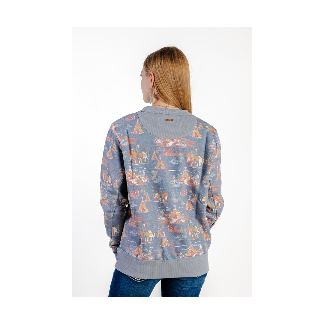 Hooey Women's "Stallion Crew" Blue with Stallion Pattern Logo Pullover