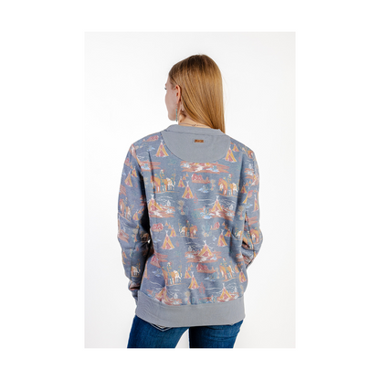 Hooey Women's "Stallion Crew" Blue with Stallion Pattern Logo Pullover