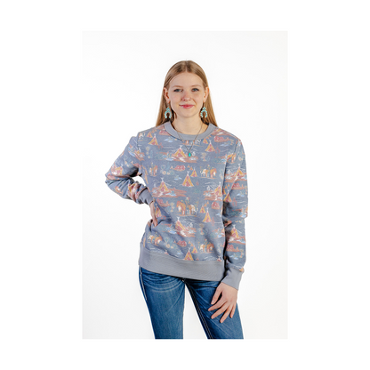 Hooey Women's "Stallion Crew" Blue with Stallion Pattern Logo Pullover