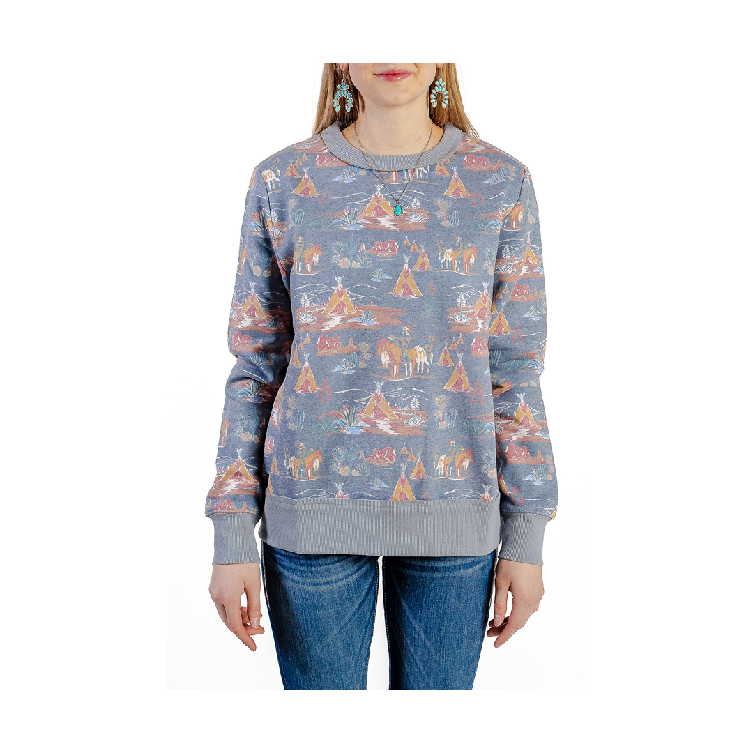 Hooey Women's "Stallion Crew" Blue with Stallion Pattern Logo Pullover