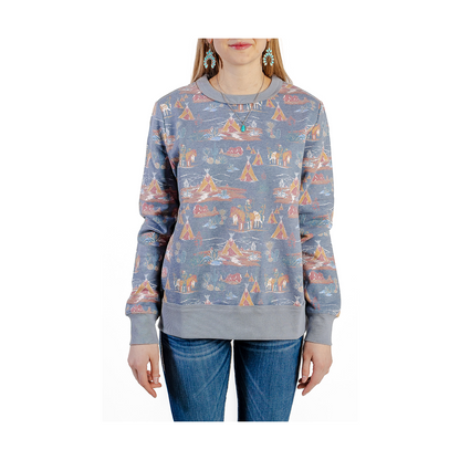 Hooey Women's "Stallion Crew" Blue with Stallion Pattern Logo Pullover