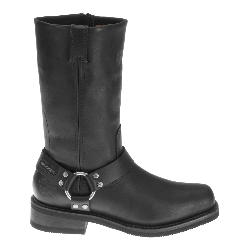 Harley-Davidson Hustin 10.25-inch waterproof engineer boot in black leather, side profile view.