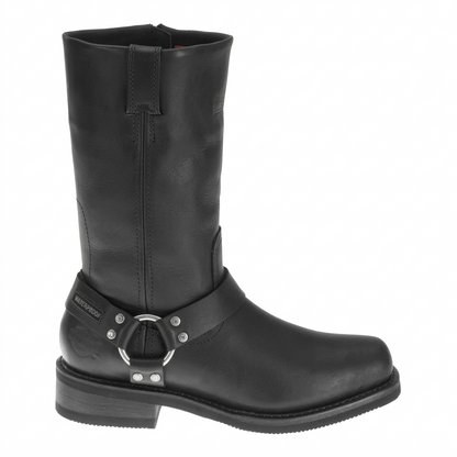 Harley-Davidson Hustin 10.25-inch waterproof engineer boot in black leather, side profile view.
