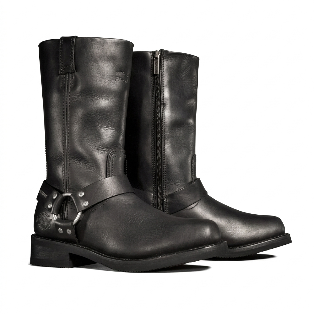 Harley-Davidson Hustin 10.25-inch waterproof engineer boot in black leather, three-quarter front view.