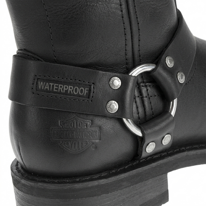 Harley-Davidson Hustin 10.25-inch waterproof engineer boot, close-up of the metal ankle buckle and logo.